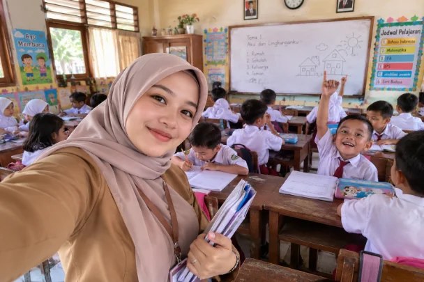 Portrait of the teacher holding books in the classroom