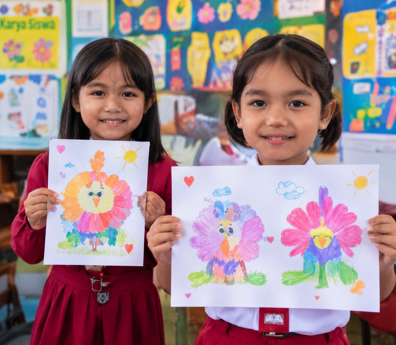 Two students proudly holding up their colorful drawings
