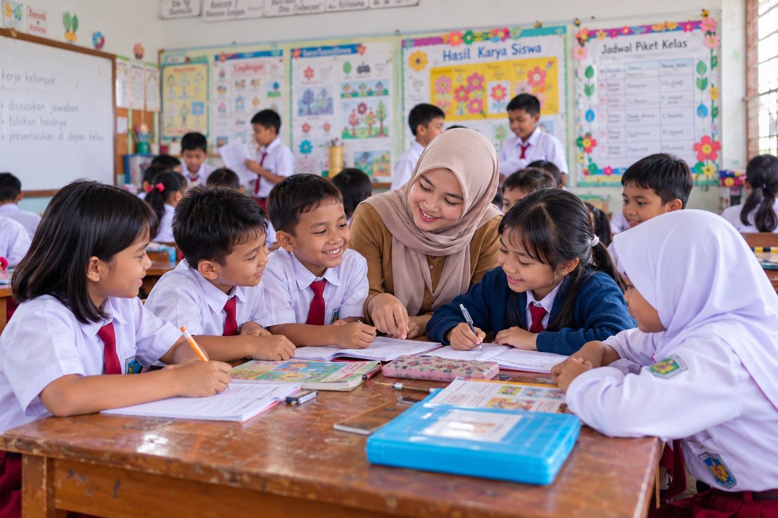 Teacher joining a group discussion with students around a table