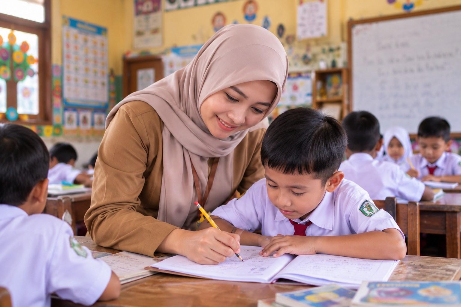 Teacher guiding a student one on one during a writing task