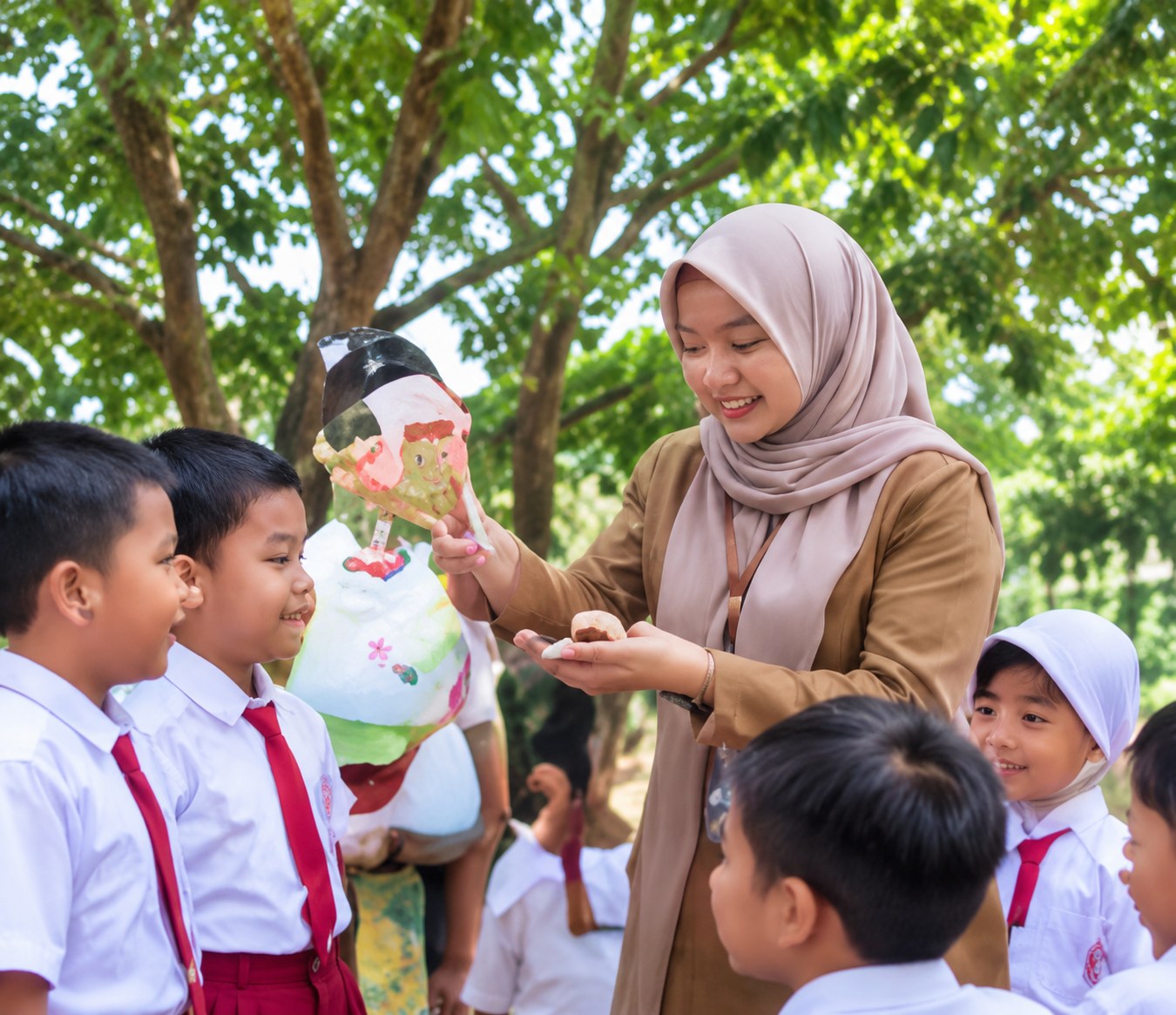 Teacher leading an outdoor lesson with students under the trees