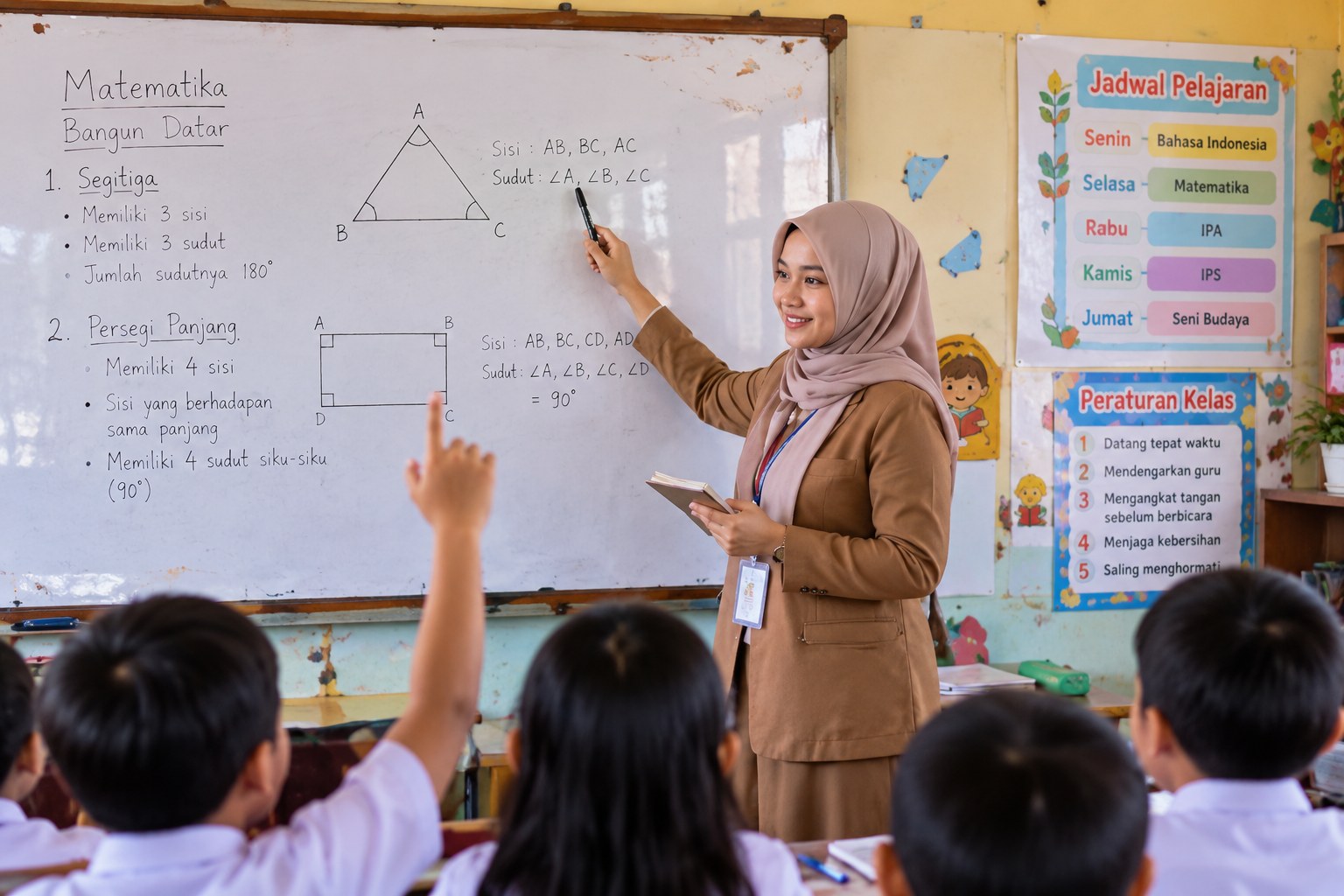 Teacher explaining a math lesson at the whiteboard while a student raises a hand