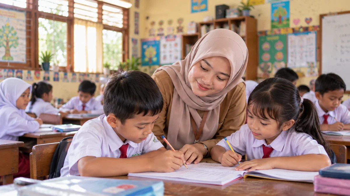 Teacher teaching and interacting with elementary school students in the classroom