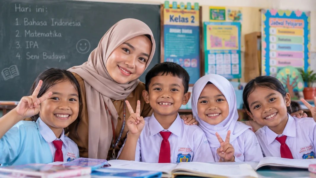 Teacher smiling together with students in the classroom